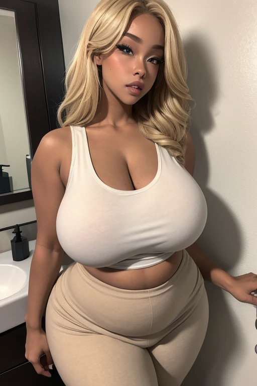 Picture of Ashley Zoey, Gorgeous 28 year old young blonde girl wearingnothing, with extremely large breasts, very slim shape but big butt, wearing clear high heels, golden necklace and golden bracelets, standing position. Thicker legs and thicker thighs, TALL