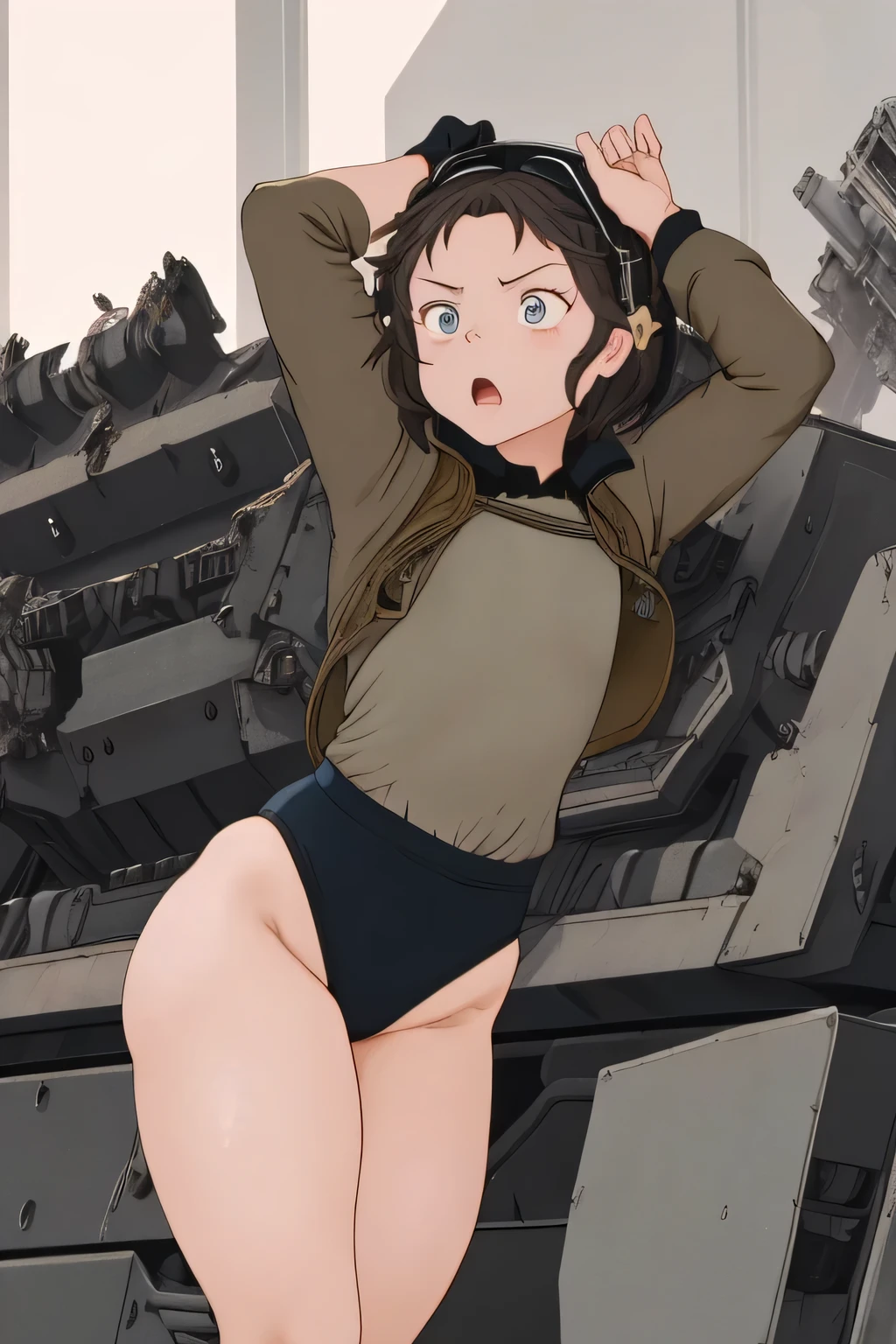 masterpiece , best quality, highres ,1girl,black long hair ,Angry face , beret, blue eyes, black gymnastics bloomers,high leg,self wedgie , flat chest , sleeveless,Victorian blouse, gloves, ultra detailed , Standing, (masterpiece, best quality, anime style, realistic military theme, tactical movement), girl in modified modern military uniform, tactical jacket and black gymnastics bloomers,high leg ,self wedgie,with armor pads, equipped with assault rifle held at the ready, moving alongside a modern main battle tank, dust and debris in the air, crouched or low-running posture, alert expression, helmet with headset and goggles, utility belt and combat boots, battlefield background with smoke, destroyed buildings, spent shells, cinematic lighting and war atmosphere
wearing a black gymnastics bloomers,high leg ,self wedgie