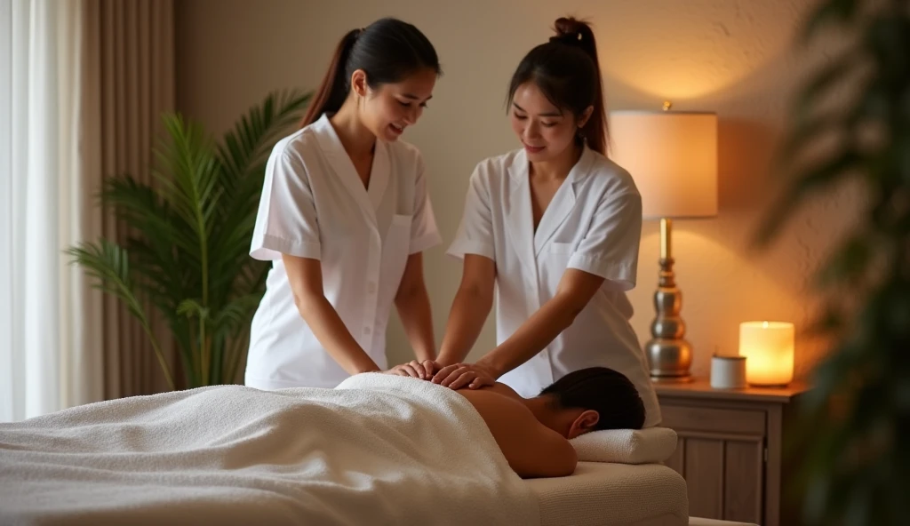 . **Traditional Thai Massage**:
   - The friends experiencing a traditional Thai massage in a serene spa setting, showcasing relaxation and cultural immersion.
Three male friends 