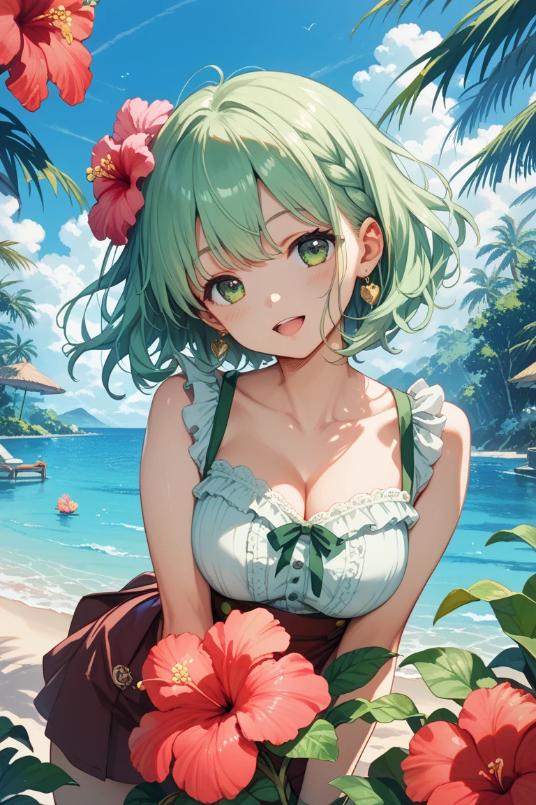 absurdres, highres, ultra detailed, HDR, master piece, best quality, extremely detailed, Kanroji Mitsuri, pink hair, expressive green eyes, Kimetsu No Yaiba, solo, woman, beautiful, smile, pink bikini, island, sea, beach