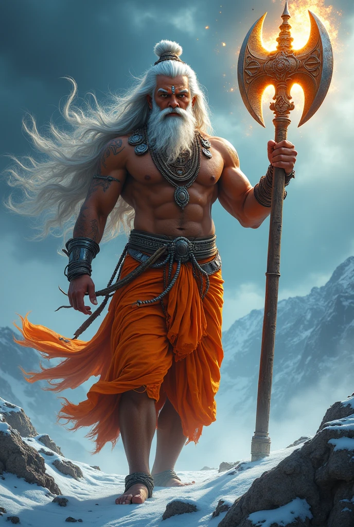 cinematic animated character art, shillouete of indian god Lord ganesh walking in Himalayas at night, red dhoti, strong arms, body covered in white ash, wearing detailed golden crown and armbands, multiple hands, divine glow in background, holding a stick, strong snow Blizzard , night sky, night, glowing fireflies in atmosphere, darkness in atmosphere, colour graded, vibrant, 4khd