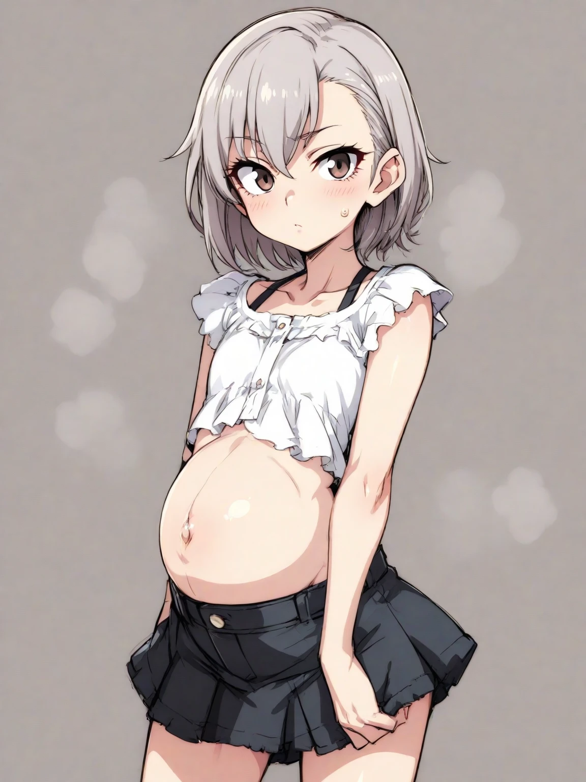 pokemonbea, pokemonbea, blue eyes, dark skin, dark-skinned female, grey hair, hair between eyes, short hair, ribbon, hair ribbon, hairband, black ribbon, black hairband,
BREAK bodysuit, covered navel, shorts, single glove, glove, crop top, white crop top, short sleeves, collar, white shorts,
BREAK indoors, dojo,
BREAK looking at viewer, (cowboy shot:1.5),
BREAK (masterpiece:1.2), best quality, high resolution, unity 8k wallpaper, (illustration:0.8), (beautiful detailed eyes:1.6), extremely detailed face, perfect lighting, extremely detailed CG, (perfect hands, perfect anatomy), (pregnant)