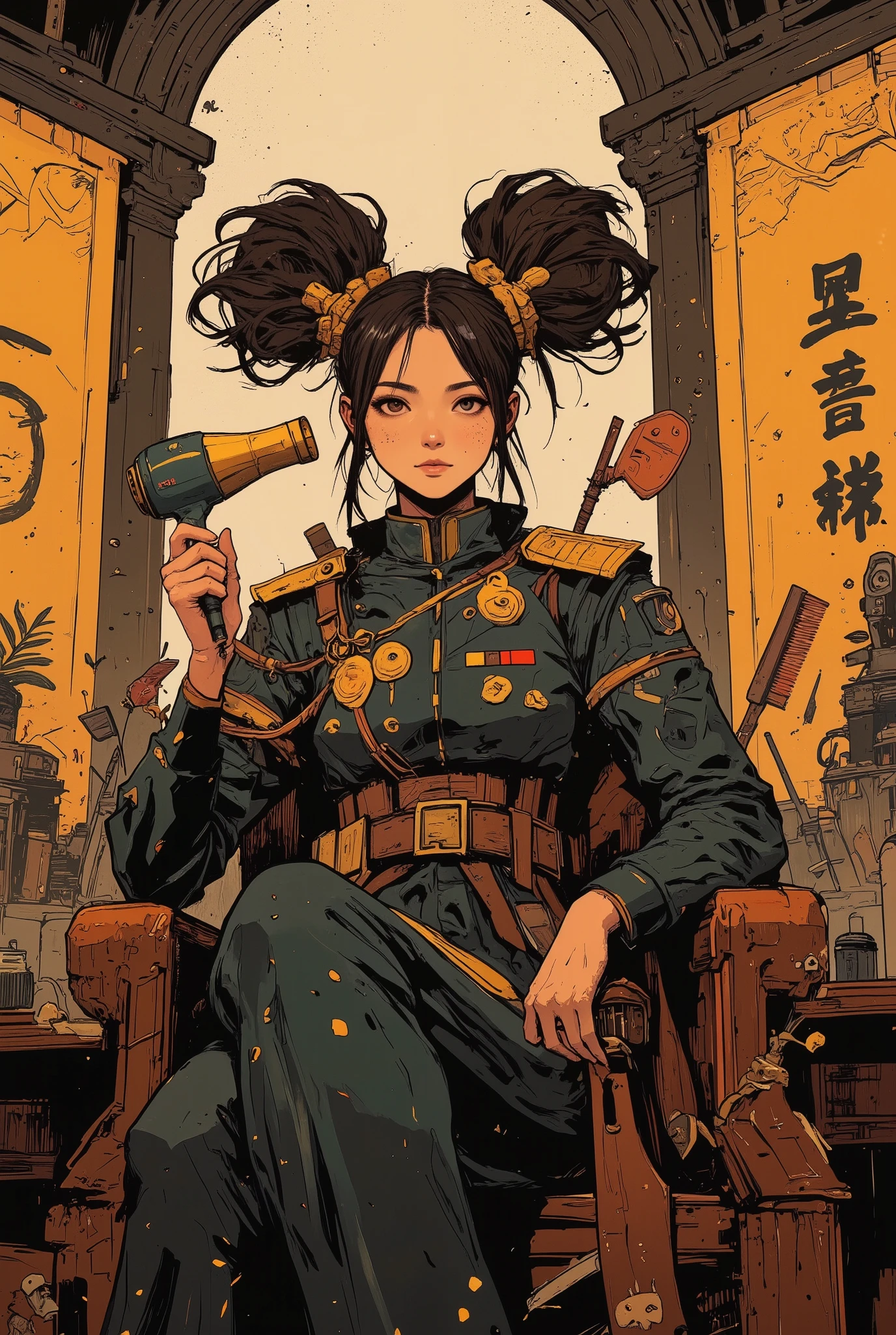 A powerful young empress with elaborate golden twin-tails styled like scorpion tails, sitting on a lavish throne made of combs and hairbrushes. Her expression is mischievous and smug, holding a tiny hairdryer like a royal scepter. The scene is regal but laced with subtle humor—her war banners have silly cartoonish faces, and her throne room is grand yet slightly over-the-top. Soft, dramatic lighting from above. A blend of military grandeur and kawaii aesthetics, anime-inspired, hyper-detailed, 4K, digital painting style.