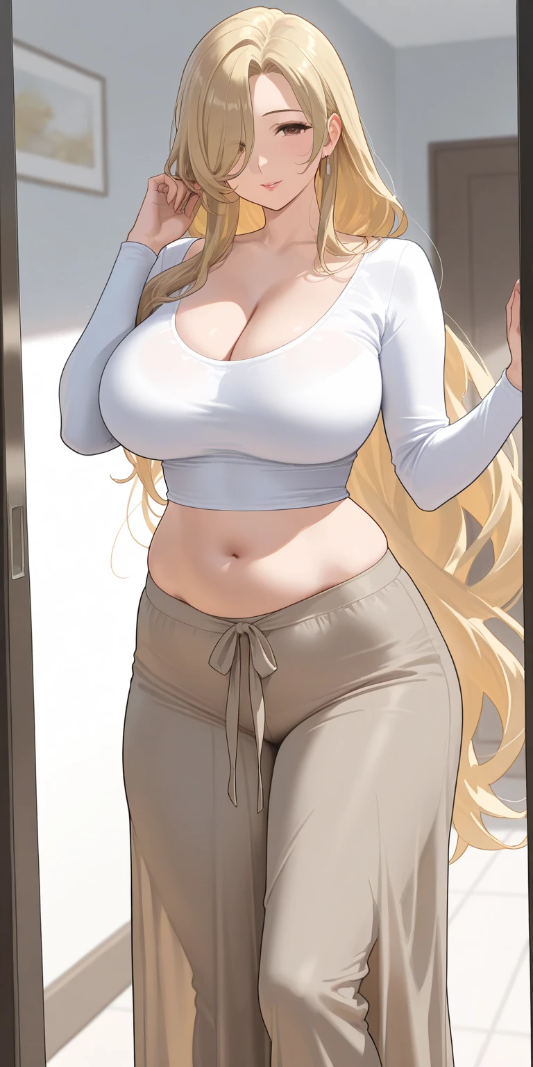 A beautiful woman with white Layered braid hairstyle hair, wearing in velvet a light, loose crew neck long-sleeve crop top. The top, casual and airy, highlights her curvaceous body, paired with understated Yellow panties. The emphasis is on the soft texture of the shirt and her relaxed yet stylish presence. [cameltoe:XX (legs together, thigh gap) intense sunlight natural lighting, perfect eye blush, slightly open mouth, long eyelashes, &lt;lora:epiCRealismHelper:0.2&gt;, &lt;lora:hairdetailer:0.3&gt; detailed skin texture, (blush:0.5), (goosebumps:0.5) --Sexy --Large rounded chest --Unreal engine 5. [without clothes]. Realistic 16K]