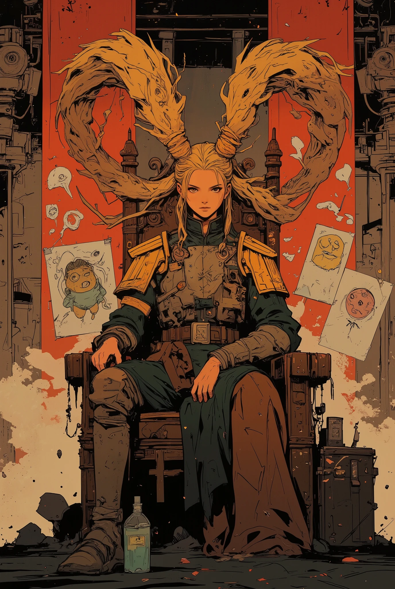 A powerful young empress with elaborate golden twin-tails styled like scorpion tails, sitting on a lavish throne. Her expression is mischievous and smug. The scene is regal but laced with subtle humor—her war banners have silly cartoonish faces, and her throne room is grand yet slightly over-the-top. Soft, dramatic lighting from above. A blend of military grandeur and kawaii aesthetics, anime-inspired, hyper-detailed, 4K, digital painting style.
