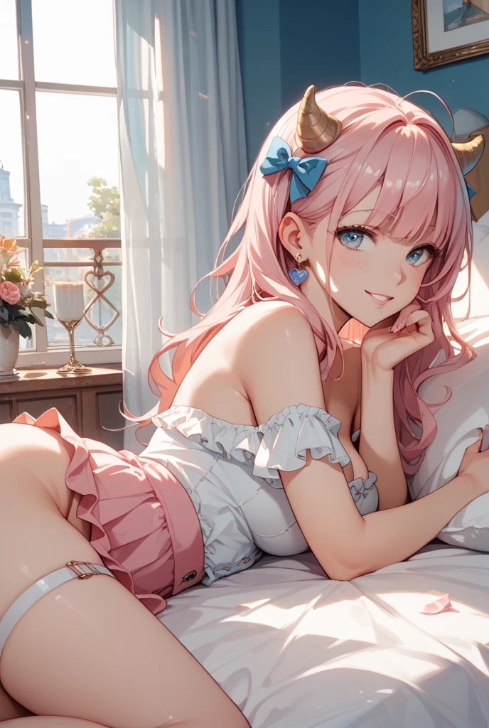 1girl, woman ((detailed pink castle background)) (pink castle, pink lighting, bright light, witchcraft) cow girl with blue spots, cow ears, cow pattern clothes, dressed as a cow, blue spots, blue spotted cow, bright room, dim light, masterpiece, realistic, oil painting, detailed background, 4k, 8k, illustration, pink room,