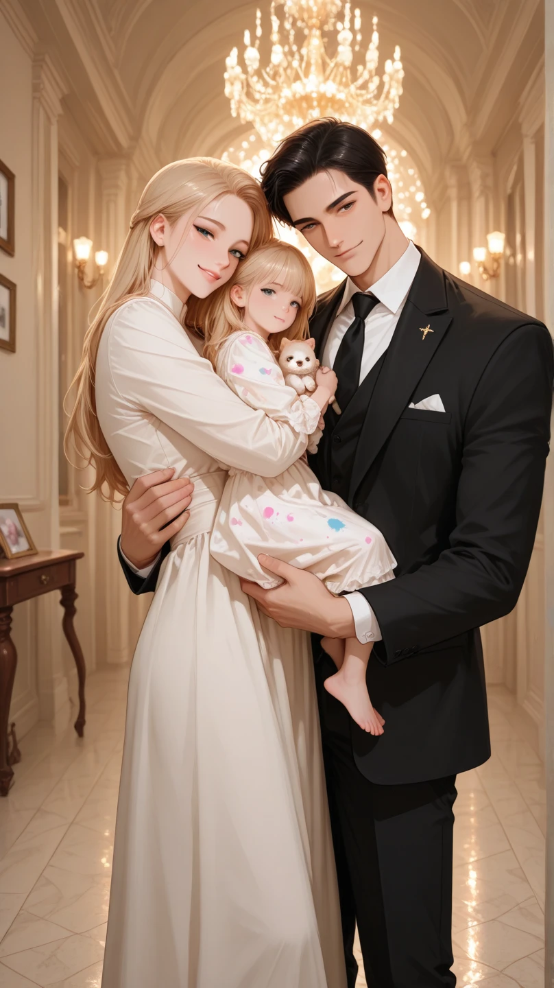 The man, yellow-haired, handsome, holding four children in his hands, very happy, next to him stood a beautiful woman in a white skirt with black hair and waist-length --auto --s2