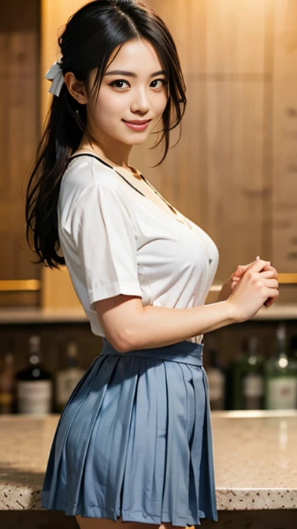 There are a lot of people behind,The skin is wet from sweat,leaning forward,Cleavage,indoor,office,Wearing a shirt,smile、skirtリフト、skirtを手で上げる,woman, 20-year-old, Black short hair、bangs、(skirt),(White lace panties)、Cute earrings