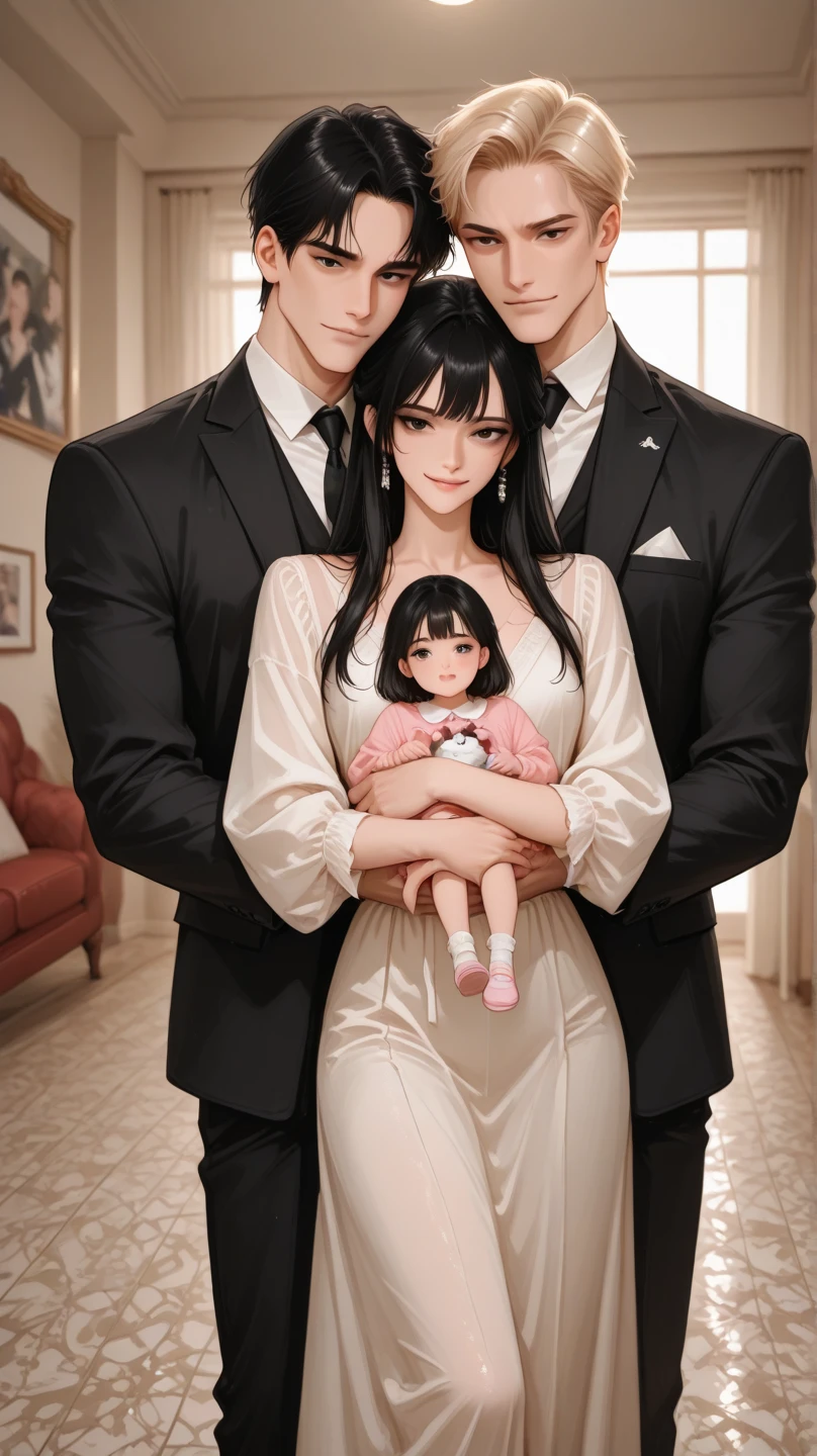 A short woman with small transparent oval glasses, makeup, beautiful shoulder-length wavy black hair with brown eyes, wearing a beautiful long pink silk dress with high-heeled sandals and a man with black hair, black eyes, a white suit, black shoes with a 3D heart