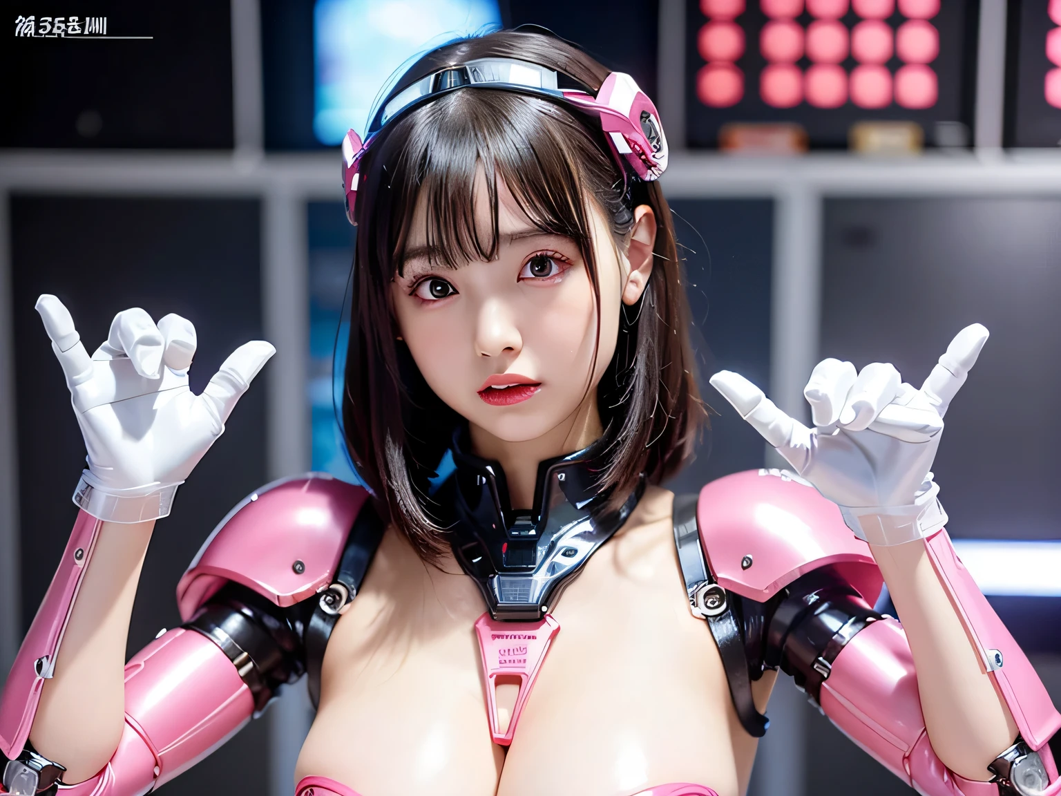 (Photorealsitic:1.4)、Onegirl、(top-quality),(hyperdetailed face)、(Super well-formed face)、((Robot Parts))、(Cyborg girl)、(gold)、(metalic)、(fullllbody)、(sexy pose)、(Slender body)、(tits out)、(Model body type)、(mecha exposure)、(akihabara)、(is looking at the camera)、(A dark-haired)、(9Head and body)、(a small face)、(Idol)、(front facing)、(is standing)、(Photo session)、(Looks sad)、(Cyborg girl in pink satin dress)、(sleeve less)、(a miniskirt)
