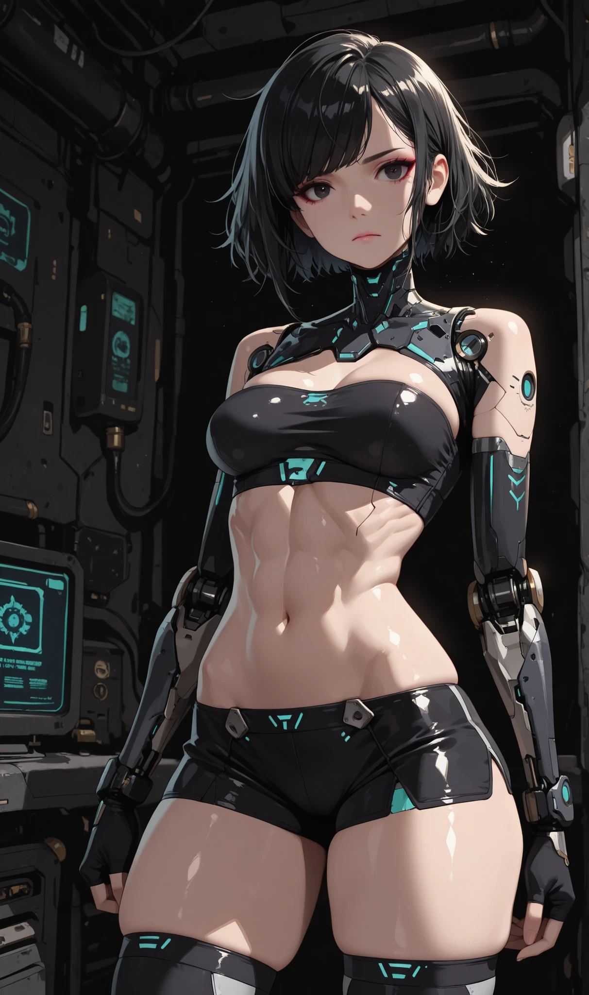 (masterpiece:1.35), (very aesthetic, best quality:1.3), highly detailed, dark environment, backlit, absurdres, no lineart, detailed shading and textures, flat anime style, dark background, cyberpunk aesthetic,
Indoors, sharp detail, solo, plastic, a female android, cyberpunk, futuristic, mechanical anatomy, robotic anatomy, skin lines, mechanical robot hips, mechanical robot trim,
Adorable and attractive, female, disheveled hair, shiny hair, black hair, shiny plastic skin, curvy and petite body, dark eyes, perfect breasts, very narrow waist, skindentations, hip_indentations, very small abs, slender, round hips, thick thighs, swept bangs, disheveled hair,
Black trim, revealing outfit, fingerless gloves, black tube-top, black spandex shorts, impossible clothes, exposed midriff,
Standing, facing viewer, neutral expression, dynamic pose, expressionless, pink lips, eyelashes, eyebrows, eyeliner,