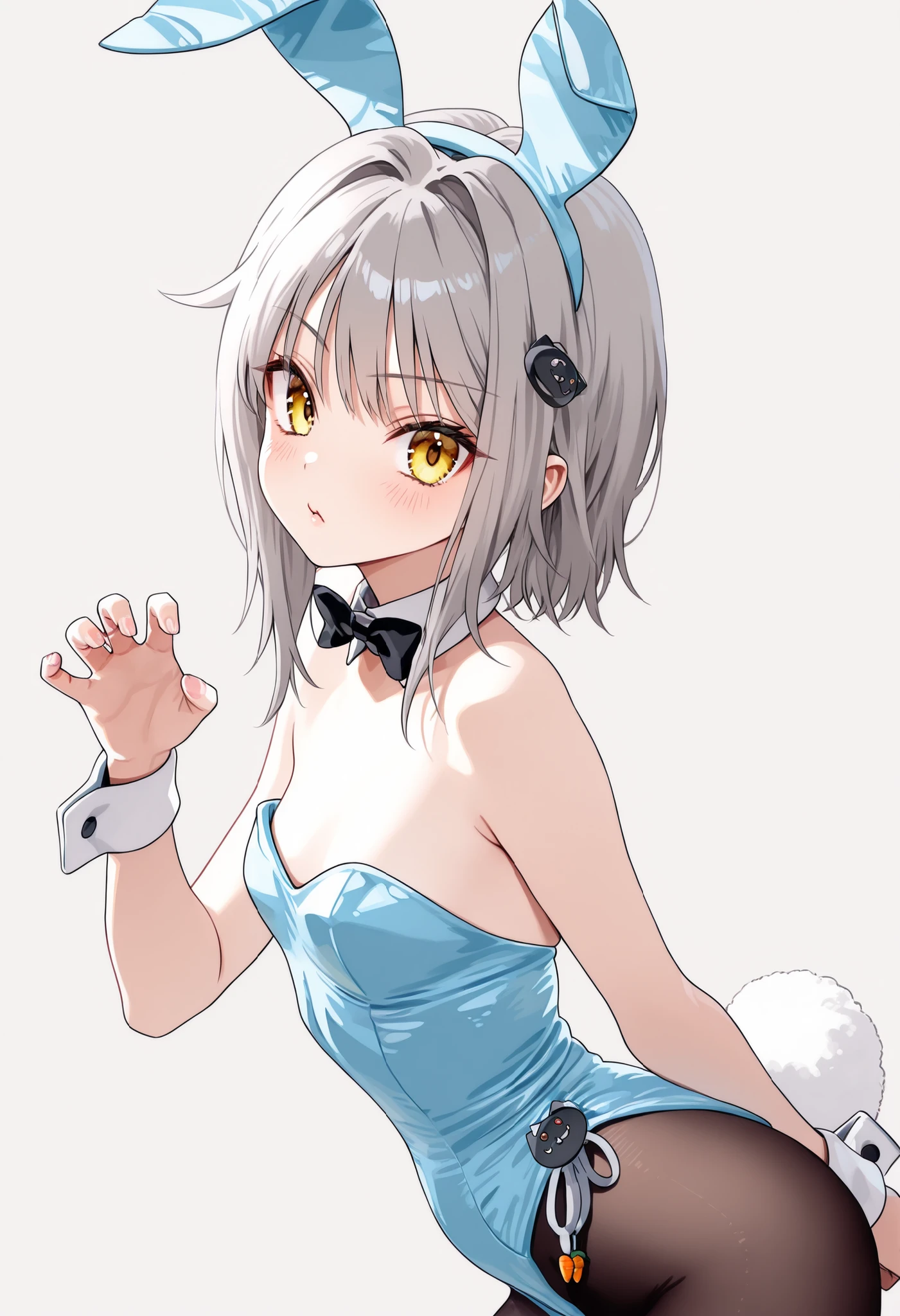 Koneko Toujou,grey hair,short hair,yellow eyes,small breasts,short body,hair ornament, pantyhose, bowtie, playboy_bunny, rabbit_ears, detached_collar, highleg_leotard, wrist_cuffs, playboy bunny, rabbit ears, standing, bent forward slightly, wrists claw gesture, bunnny tail, head tilted slightly, looking at viewer, side view, calm expression, masterpiece, portrait, simple background, detailed eyes, detailed face, 4K UHD, extra detailed