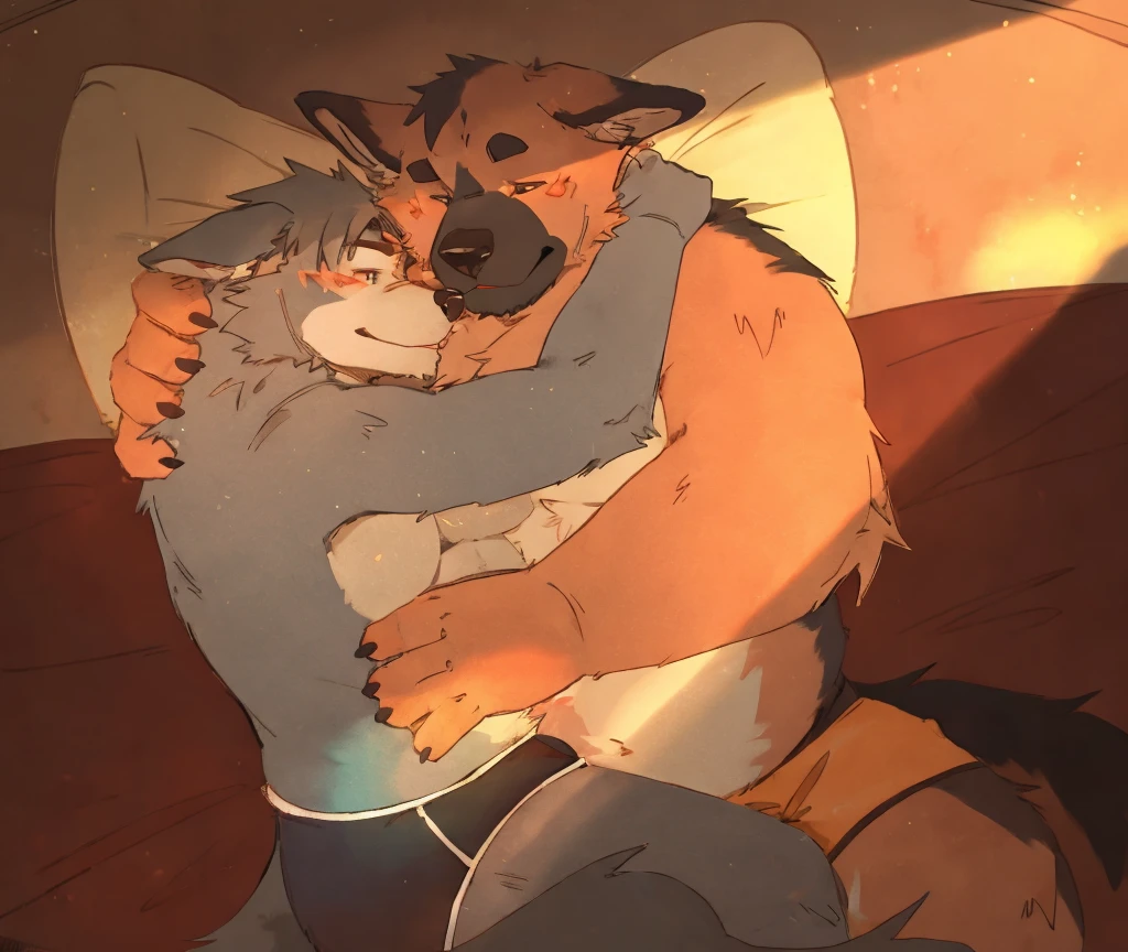 Musclechub, Chubby , male , furry, fluffy, salivating , wet, kissing , Hug , climaxing face , clothes, wet clothes,
(Extremely Romantic atmosphere, masterpiece) , naked, no clothes, hairy chest, fluffy body, body hair, sweating, bedroom, dark, night time, desk lamp on, warm lighting, anthro bear And anthro wolf, male, gay, naked, orgasm, hard penis exposed, making out, by darkgem , by hyaku,