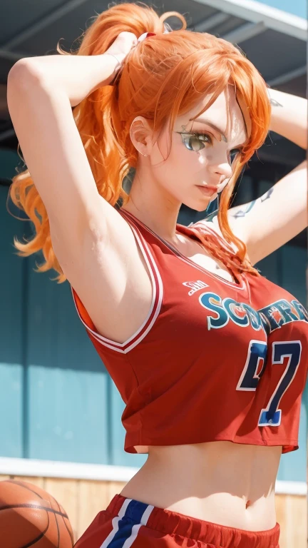nar_terumi_mei, green eyes, hair over one eye, long hair, large breasts, cleavage, orange hiar, ponytail, beautiful, beautiful woman, perfect body, perfect breasts, wearing a basketball jersey, on the basketball court, holding a basketball, ring basketball, looking at the audience, slightly smiling, realism, masterpiece, textured leather, super detailed, high detail, high quality, best quality, 1080p, 16k