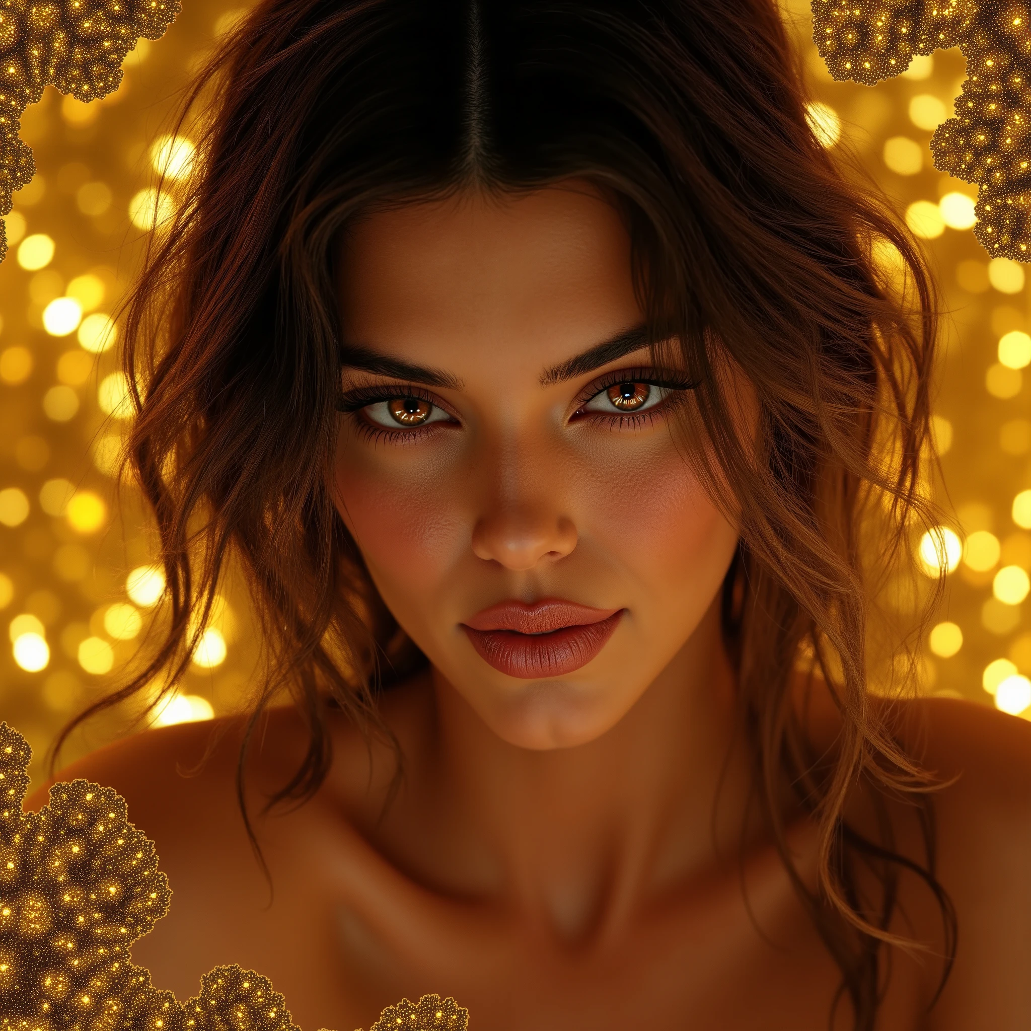 A glamorous woman with tousled waves and a flirtatious smile, set against a luxurious, opulent gold backdrop, adorned with fractal patterns.