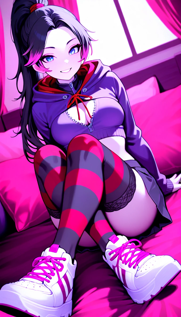 detailed digital art, slim girl, hair is in two pigtails, middle sized breast, mini skirt,slightly visible panty ((Red Black striped)), high kneesocks, laying on her back, legs wide spread, lustful smirk, only underwear