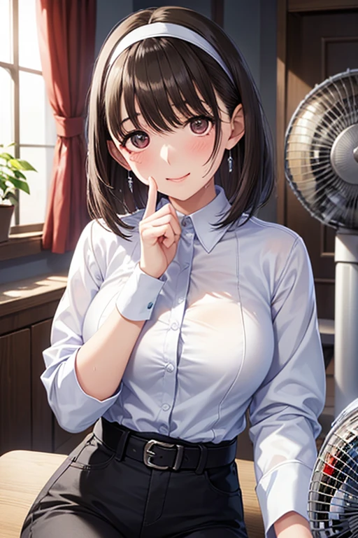 8K quality、High definition eyes、Brown and purple short hair、Brown eyes、secretary、Ring piercing of the earlobe、Holding a microphone、Sing a song、Bright sunshine、Office at dusk、Sweat、Suits that hang down to the chest、Short skirt、Beautiful legs、Beautiful thighs、Shot from above、Dignified face、Young Breasts、Seduce your boss