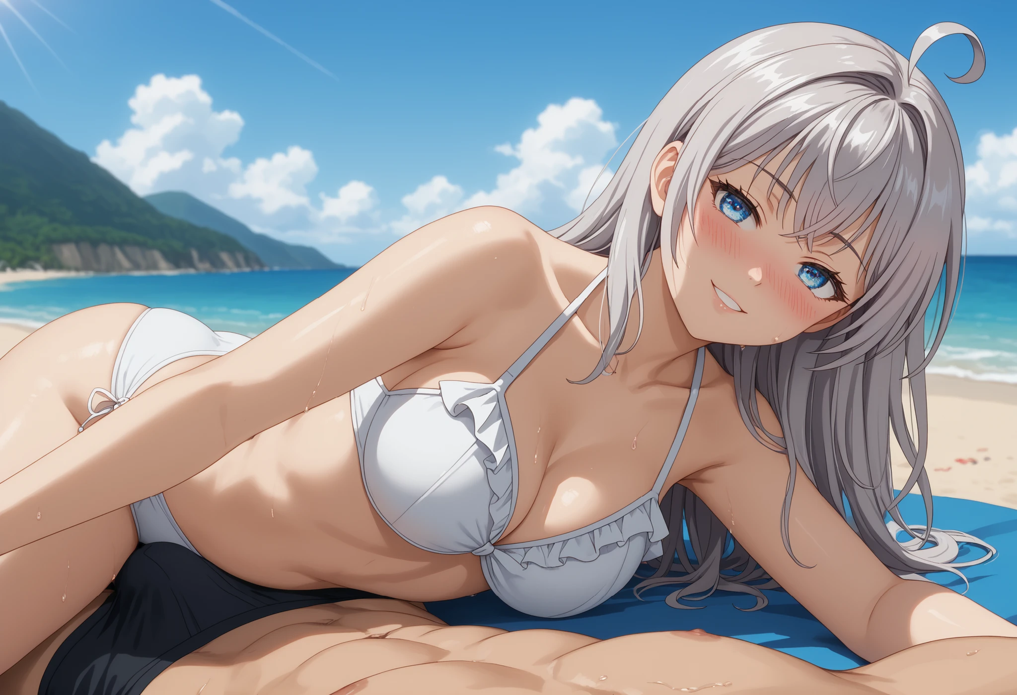 4K,High resolution,topless、
One beautiful young woman,Silver Hair、ponytail、
(Soft Saturation:1.3), (Fair skin:1.2),
(ultra-Detailed Background, Detailed Background), Bokeh,
break'Portrait of a smiling girl.,
When viewed from the front, The composition is symmetrical,
Looking straight at you with serious eyes,
break Swimwear, topless、, Mid-chest,
Outdoor, Sea surface, null, sunlight,Summer beach, Sandy Beach,
Strong light, Front lighting,
(Teen:1.3), (Cowboy Shot:1.2),
Front brake angle,
View your audience,
Dynamic pose,
sitting on the beach
Seaweed、Seaweed、Seaweed、Seaweed、Seaweed、Seaweed、Seaweed、