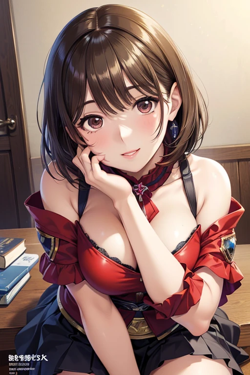 ((Tabletop, Highest quality, High resolution, , Pixel Perfect, 4K, ))), Beautiful woman,, alone, beauty、The whole body is visible、 (((Sexy Witch Cosplay), Long dark blonde wavy hair、Off-the-shoulder jacket,　Dark blue flared skirt、Black knee-high stockings、Gold Hair Ornament、Gorgeous necklace、Earrings、, bangs, Brown Hair)), ((Brown eyes, Beautiful eyelashes, Realistic eyes)), ((Detailed face, Blushing:1.2)), ((Smooth texture:0.75, Realistic texture:0.65, Realistic:1.1, Anime CG Style)), Center of chest, Dynamic Angle, Perfect body, ((,)), Showing cleavage、On all fours、Very embarrassing panic smile, 、Big Castle Library、Sitting on the floor、Big magic book on the desk、look up、Cute shy smile、(Stick your butt out、、Nipples are slightly visible、Pink lace panties are slightly visible、)、Angle from below