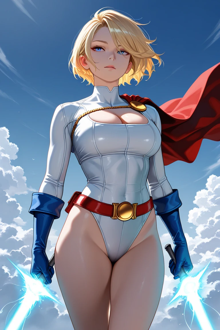 power girl, lips,smile, Cleavage cutout, center opening, belt, blonde hair, blue eyes, cape, cleavage, blue gloves, highleg, white leotard, short Hair, a 1girl, Full Body, Masterpiece, the best quality,