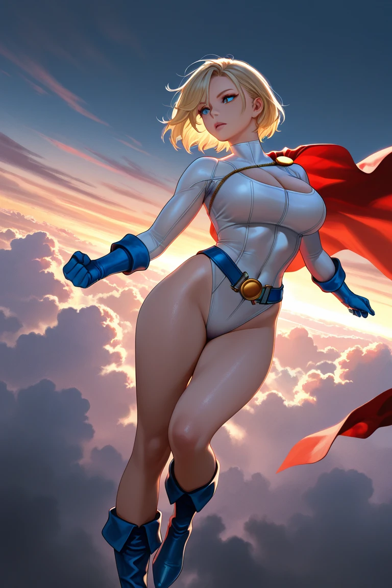 (work of art, best quality, ultra detailed), Looking at Viewer, linda, ultra realistic,32k, work of art),(highly detailed skin),( 8k hd, dslr, high quality),, professional lighting, Realistic babe, dynamic angle, dynamic pose, very cute,, tiro cowboy, blue colored eyes,heroic pose,through the sky, powergirl, power girl.