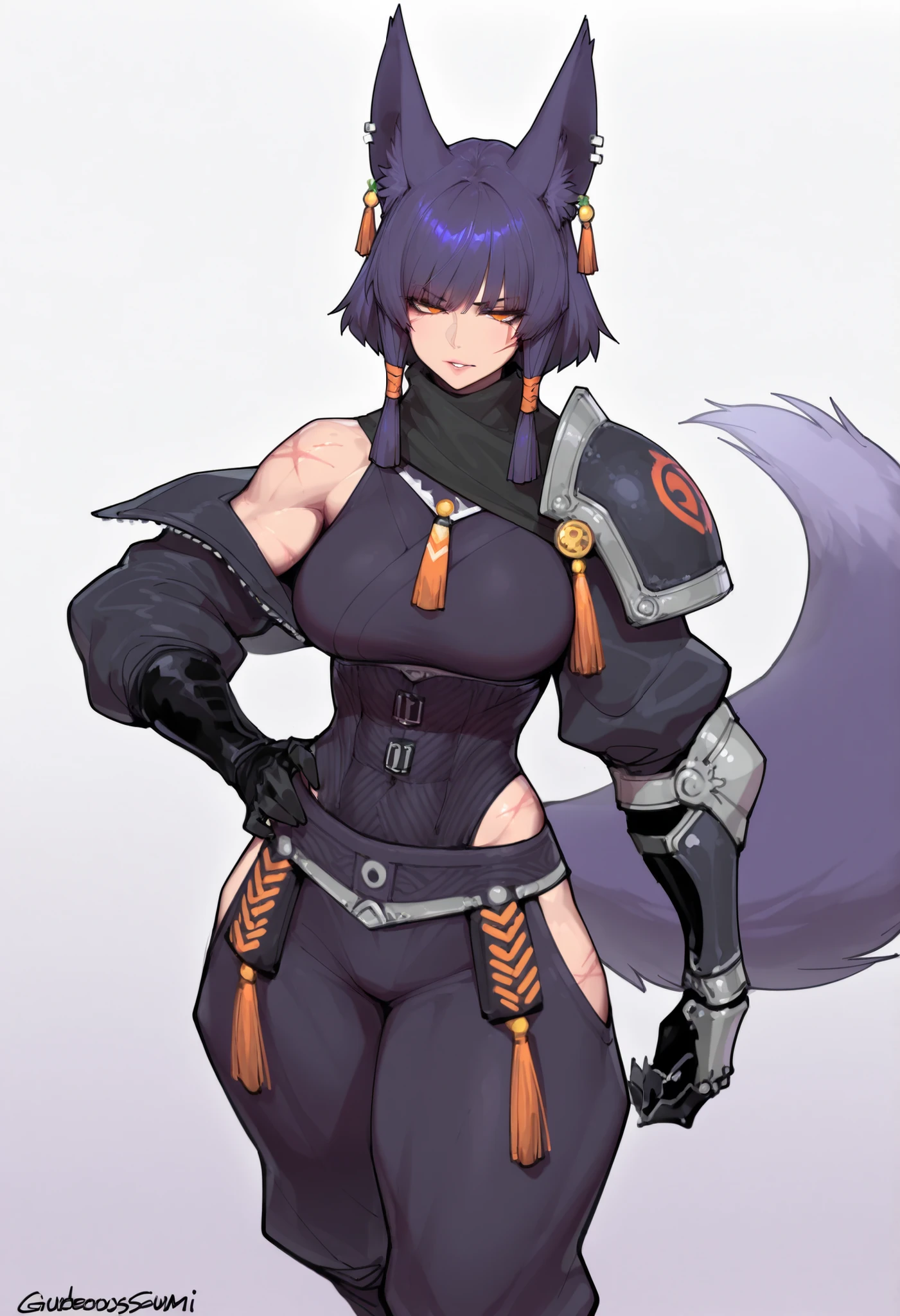 gorgeous kitsune girl, beautiful face, kitsune, hair of ash-purple color, beautiful woman, golden orange eyes, slit pupils, personalami style, volputrous body, toned woman, curvy and athletic, fox ears, short hair, dark adventurer jacket, buggy pants, single pauldron, single vambrace, single gauntlet, black hands, fox tail, attractive proportions, scars on body and face, defined athletic arms and legs, athletic lanky body, fox ears, calm dominant expression, hair tubes, half-closed eyes, big breasts, huntress, masterpiece, ultra definition, simple white background