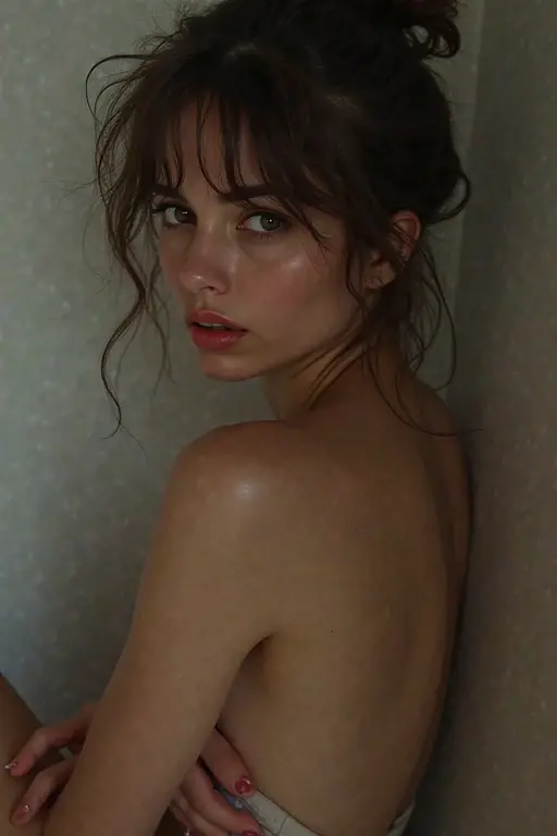 (8k, RAW photo, highest quality),(epic realistic:1.5), a girl, laying on the floor, face down looking up, erotic face, (topless), fully naked, (detailed eyes:0.8), (looking at the camera:1.4), (highest quality), (best shadow),intricate details,cinematic,((skin:1.4)),interior, (short ponytail light violet hair:1.3),dark studio,(hdr:1.5),detailed, muted colors, freckles, very sweaty body, very wet hair, hot temperature, empty old deposit