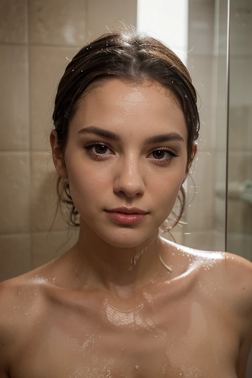 Masterpiece, very beautiful nude brunette, 23yo, urban outfitters photo, ((upturned eyes)), open mouth, hair tied, makeup, medium , beautiful, ((closeup first person perspective of face)), blushing, ((gazing at me, in front of me)), hourglass body, ((shower)), city view, wet, colored eyes, wet hair