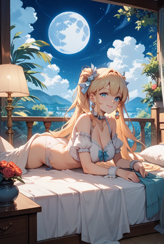 (masterpiece), best quality, expressive eyes, perfect face,1girl,warrior of light \(ff14\),bare shoulders,au ra,[white scales,white dragon tail,white horns],hair flower,bangles,(pink criss-cross halter string bikini),floral thigh strap,blue eyes,naughty smile,blush,sitting,looking at viewer,yokozuwari,long straight hair,blonde hair,[[tropical beach,night,full moon,starry sky]],cowboy shot,sexy pose,seductive smile,bimbo