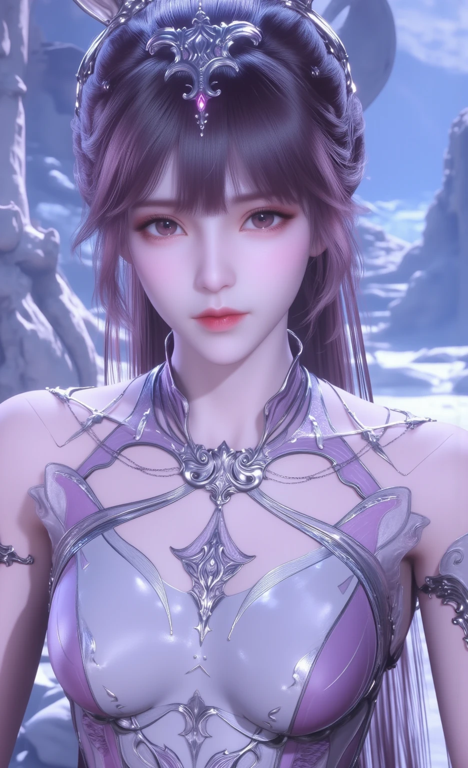 a close up of a woman in a purple dress with a sword, 8k artgerm bokeh, game cg, smooth anime cg art, 4 k detail fantasy, intricate ornate anime cgi style, yun ling, full body xianxia, cinematic goddess close shot, ((a beautiful fantasy empress)), from final fantasy xiii, portrait knights of zodiac girl