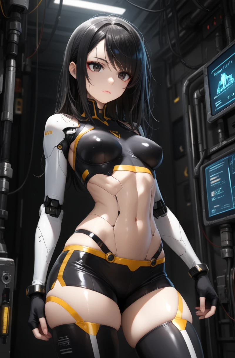 small  girl, long brown hair, sad crying face, half mechanical face mechanical jaw, cyborg arm, cyborg leg, body connected to machines, power wires, blue light , nun's ,  bra , hands praying .