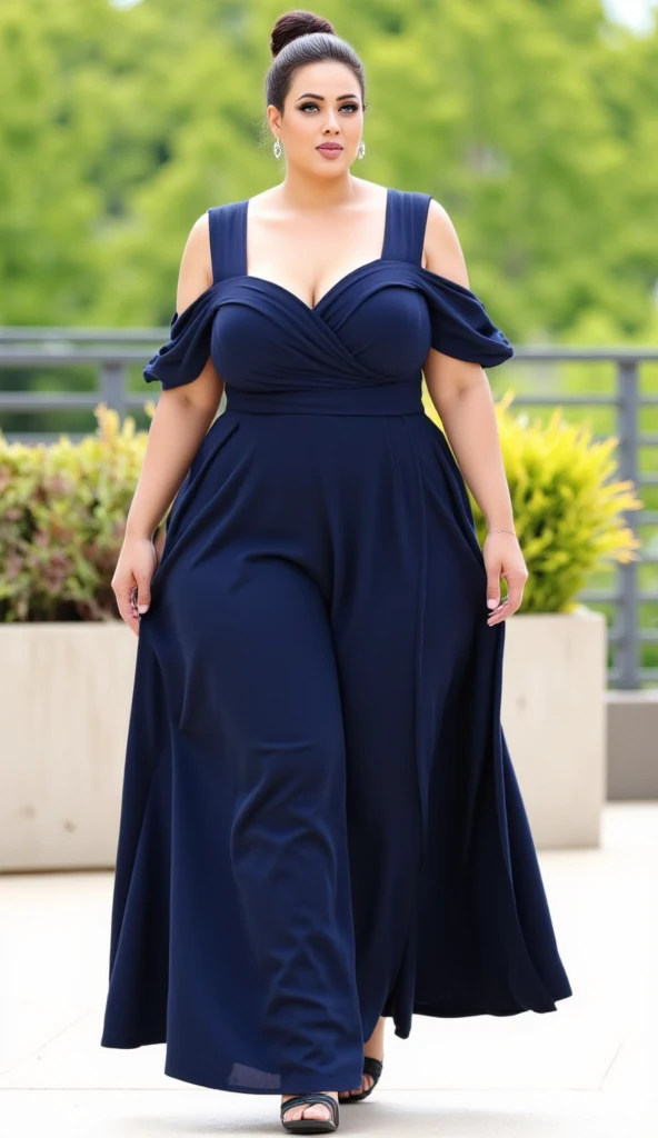 monali thakur Indian beautiful actress curvy plus size hour glass bulky huge figure woman, closeup camera view, big huge m-cup breast, wearing Plus Size Women's Solid Color Wide Leg Pants With Ruffle Edge And Waist Tie For Vacation Color: BlueSHEIN VCAY Women's Solid Color Square Neck Short Sleeve Jumpsuit, Summer Color: Royal Blue , covered Bust , elegant standing position, eye contact view, different style hairstyle, bright eyes, thin eyebrows, fair skin, blushing cheeks, prefect head to toe view, full body, and expansive views, ideal for high-fashion or editorial shoots, ultra realistic skin texture, head to toe view, full body shot, full body view, smile face, black hair, Indian face, perfect skin tone light, ultra realistic skin texture, bigger waist, busty, big hips, fleshy thighs, thick thighs, busty, full body view, Mount Fuji, Japan: Snow-capped peak with picturesque surrounding landscapes.