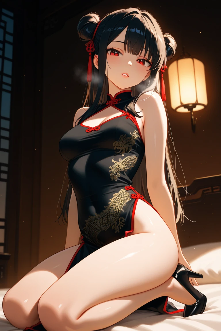 (((professional: Step by step, taking into account even the smallest detail, God-level final result, all intricate details, cowboy shot, solo 1girl view))): "1 fox girl, ruby eyes, fox ears, fox tail, high ponytail, firm breasts, medium breasts, smug, cute, short black china dress, very low-cut, (light clothing very thin and transparent like air), side full body, pelvic curtain, thigh ribbon, (pumps:1), (hugging own leg:1.1), chinese style, indoors, sharp focus, looking at viewer, (intricate:1.3), red light theme, (orange tone:0.7), illustration, "