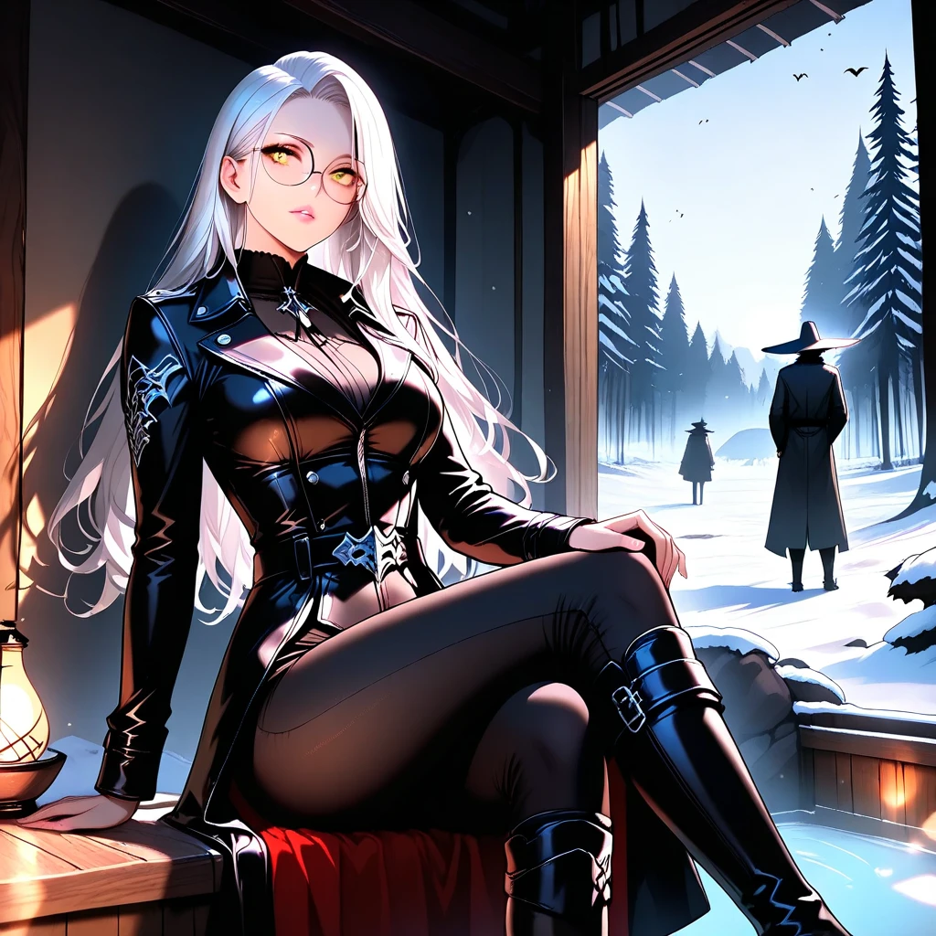 Dark elf girl, Drowgirl,small breasts, (Two different eye colors purple and red),( heterochromia Rot 1.0 und Lila 1.0), snow, mountains in the background, Castle in the mountain, cold, snowflocken, Long white hair, Praise the blood moon, Black magician robe,,detailed face, detailed eyes, detailed hands, elf woman, full body
