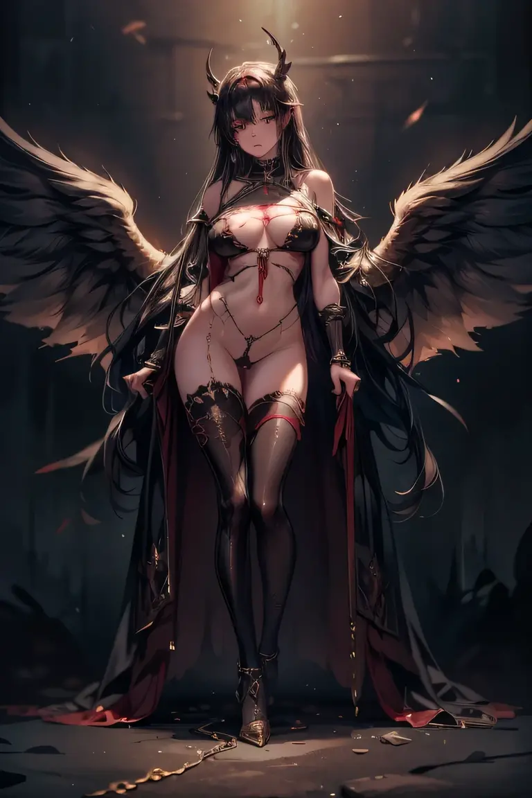 (Realistic picture, highest resolution, 16k), (A demon god with wide wings and enormous power on his shoulders.., Twelve wings on the shoulders.:1.4, Bat Wings:1.3 angel wings:1.5), (Beautiful girl with two meter long hair, shiny black hair, Smooth white skin, Lips are very red.), ((stand, toe)), (Huge breasts, big tits), (gigantic breast, small waist, hips raised, small thighs, Long legs), (dynamic poses), (Porn, no clothes, Look at that pussy.., see nipples, naked, undressed, nakedโดยสิ้นเชิง, Can see pussy, The chest is visible.), Separate theme, (Angel wings and devil wings), Huge breasts from a distance, floating in the air above the ground, background darkness, Embraced with twelve wings,