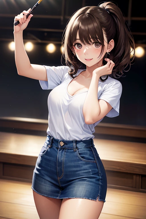 Highly detailed, vibrant color, detailed skin, detailed fabric, detailed eyes. Brown haired young woman, beautiful, bob hair, brown eyes, small to medium breasts, smiling, showing off armpit, gravure magazine cover, light brown sleeveless halter neck, knitwear, high waisted denim pants, soft smile, blushing Tokyo.