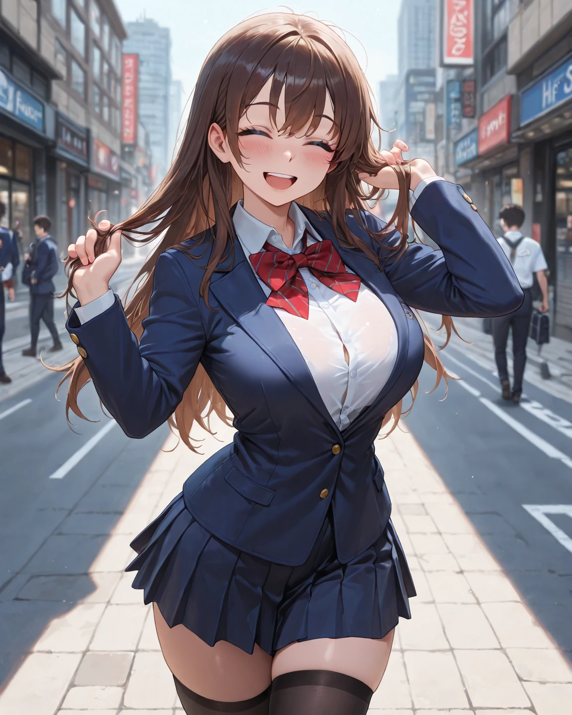 ((masterpiece,Highest quality:1.3,best illustration,realistic)),cowboy shot,1woman、独奏,23 year old Japanese beauty,((very small head:1.3)),center parted bangs,forehead,black hair,long hair,black eyes,gorgeous eyes,Black-rimmed glasses,shy,smile,medium breasts,((very long body:1.3)),((toned body,slender body,skinny)),gleaming skin,shiny skin,oily skin,sweat,(School uniform、Dark blue blazer jacket、Navy blue tie、Grey plaid pleated mini skirt),on street,Tokyo、