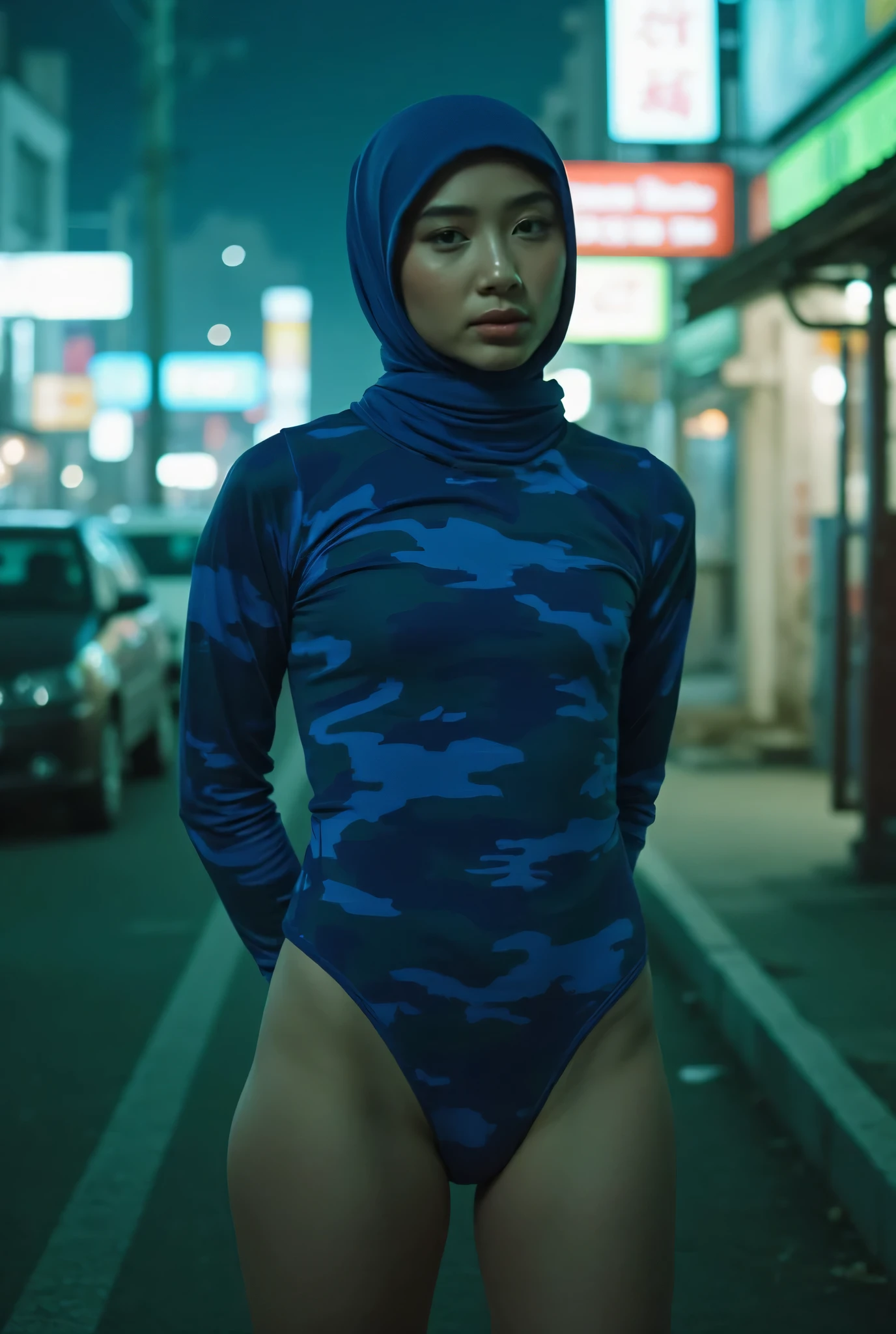 (KIMONO COAT CLOSING ALL FINGERS ), Disappointed facial expression, Front posing, Wearing Scarf neck tie, Front posing, SUPER SKINNY, (Thighs and calves huge muscles), (((MOODY FACE EXPRESSION))), "Wearing Hijab perfectly", wearing Scoop Neck Sleeveless neon light blue Bodysuits strapless swimsuit 'camouflage print', (KEDUA BELAH TANGAN DILETAK LETAKKAN DIBELAKANG PUNGGUNG NOT VISIBLE FINGER) PLEASE DON'T PUT ANYTHING ROPE!!!, THIGHS OPEN WIDE, closing mouth
THIN SKINNY HIJAB INDO MALAY (Singlet ), 1 girl, 'BULGE PUSSY', Half body portrait, (face details: 1), (Eye details: 1), ultra high res. realistic: 1.4, UHD, background Di tengah Kota Yang sepi Di negara jepun, LIGHT BLUE HIGHHEELS AND SQUATTING SQUATTING , MANDARIN LIME DANCING NEON LIGHTS