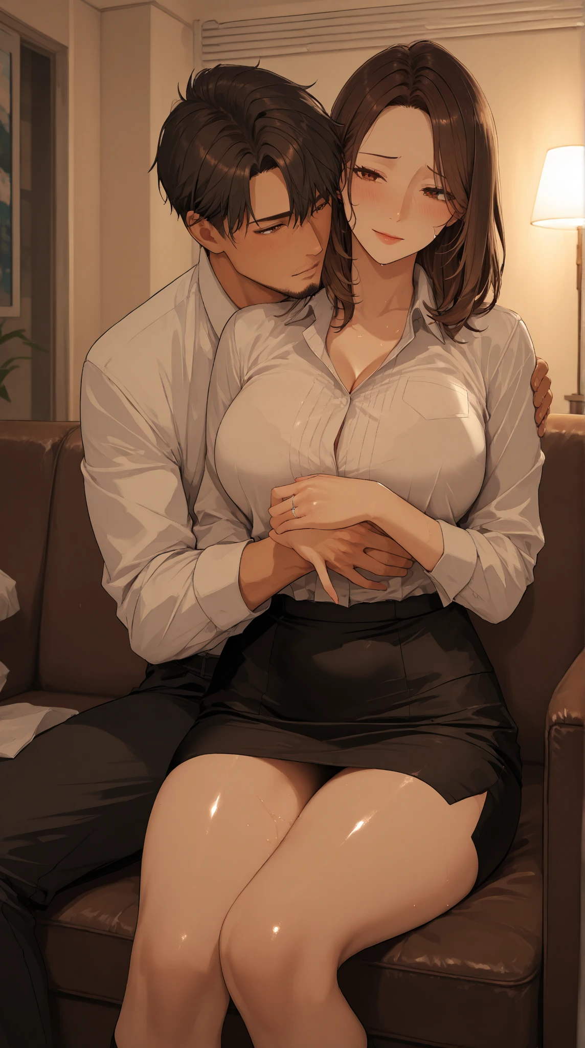 ((super high quality,Ultra-high resolution,4K,8k,super masterpiece,Ultra HD ,Detailed shading)),Dimly lit bedroom,Full body photo,Man and woman couple,A sexy mother and a naked man,popped collar White shirts,Tight collar,Long sleeve,BLACK Pencil Skirt,Black Hair,Penis inserted from behind,Sex,Glasses,Spread your legs,Ahegao,blush,Sweaty,semen,Drooling,Pearl Earrings,Pearl Necklace,Engagement Rings,He is being touched on the chest and crotch from behind.,Hold your phone to your ear,