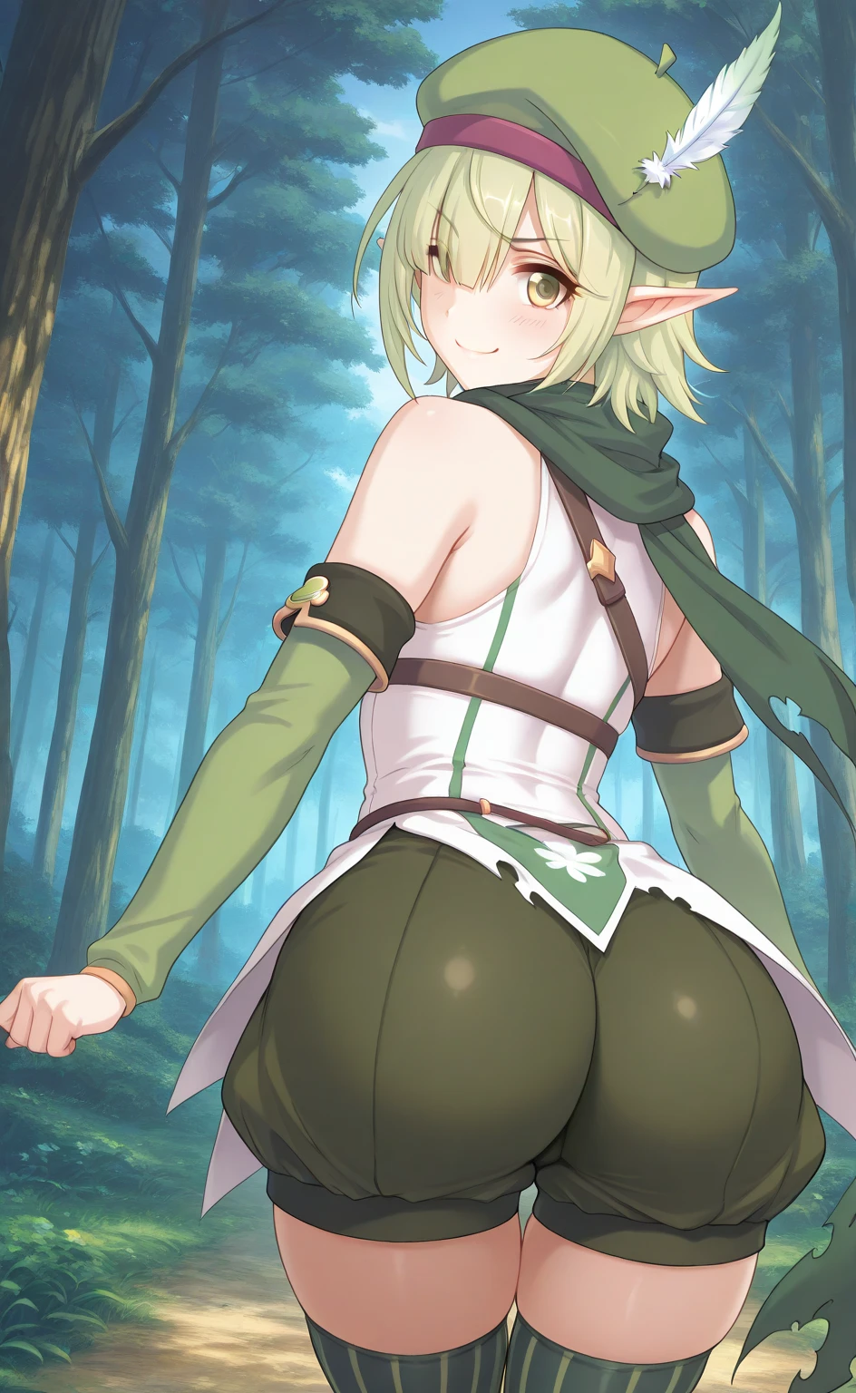((1 elf woman)),((torn green blouse))),((huge breasts, bare breasts, naked pussy)),((yellow hair)),((green eyes, hopeless face)),(( standing,In a haunted forest, during the night)),((1 arm behind the back)),