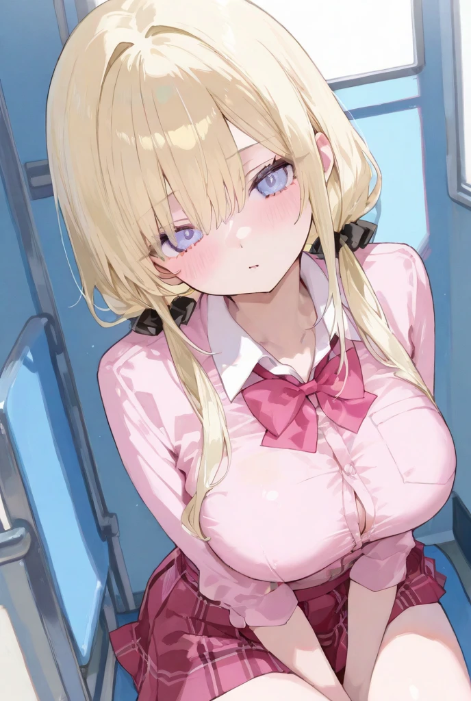 masterpiece, absurdres, best quality, ultra detailed, high Resolution, detailed illustration, bright colour, (extremely beautiful detailed face and eyes, Delicate beautiful face, 1 girl, 18yo, cute face:1.3), (magenta eyes:1.1), sparkling eyes, big eyes, (medium breasts:1.3), (perky breasts:1.1), (pointy breasts:1.1), medium hips, glamorous body, white skin, BREAK, (blonde hair:0.8), messy hair, detailed hair, shiny hair, BREAK (casual dress with print, undressed, down blouse:1.3), perfect lighting, (ecstasy, vulgarity:1.5), (embarrassed:1.3), (Sweaty:1.1), (cum:1.3), (sex, hetero, Super Thick penis in pussy:1.3), train, (Doggy Style:1.3),