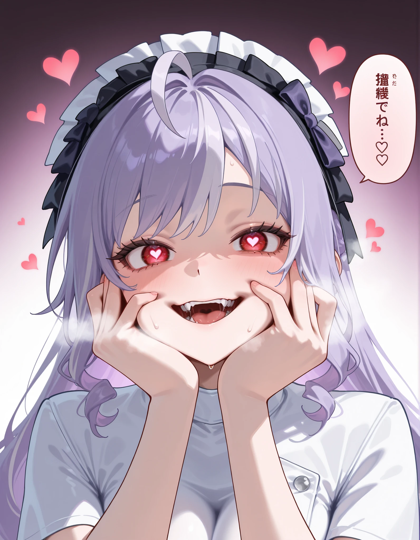 red eyes,ahoge,streaked hair,black hairband,frilled hairband, purple hair, hair bow, eyelashes,8k,Face Obsessed, High Quality, Hearts in Pupils,Perfect body, tight clothes,Nurse uniform,full body,Steam coming out of the mouth,Crazy look, fingers on cheeks, looking at the viewer