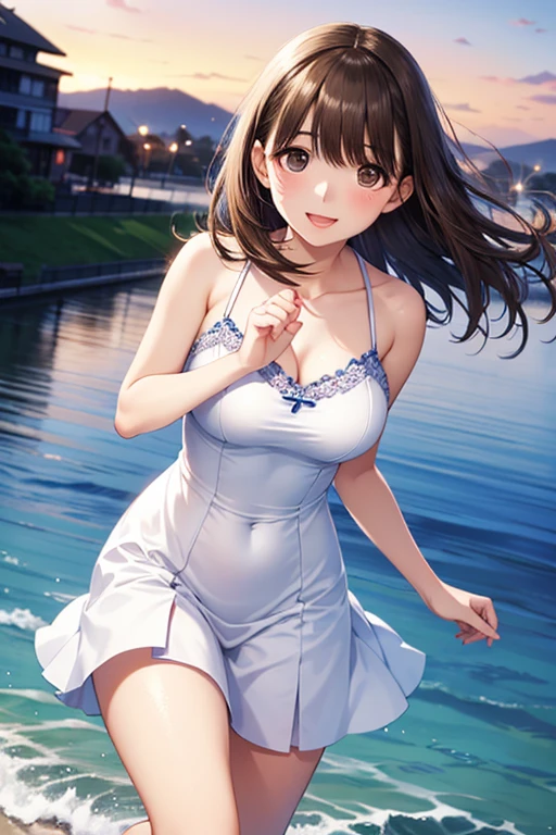 all intricate details:"(Full body view, professional anime, anime (ufotable),happy woman walking in a field with white and blue flowers, very beautiful symmetrical face, Brown eyes, medium brown hair,the sunlight shines from the front showing her wonderful figure, Dress comfortably and loosely, intricate details, Professional 50mm camera)"