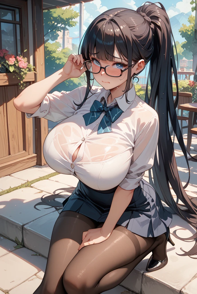 a girl sitting on barstool cushion, denim miniskirt, white panties, big breasts, long hair, Braid, sidelocks, black hair, blunt bangs, brown eyes, white skin, hairclip, glasses, thin eyebrows, anime cg, masutepiece, Best Quality, Detailed CG, 8K Wallpaper, (surprised face:1.5)