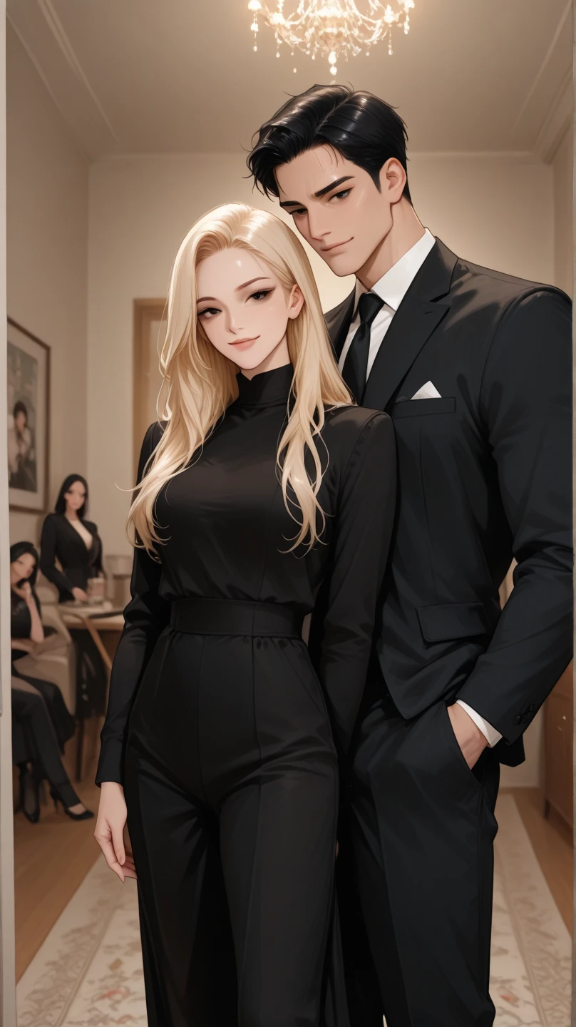 1 man,1woman, woman in long hair,blonde hair,purple eyes,red dress, man in musculair, suit, trained, man are taller than woman, background luxurious home