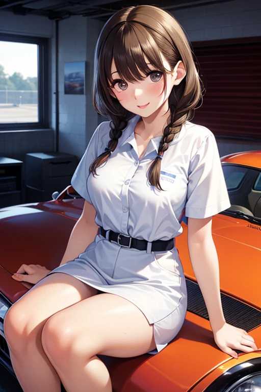 ((Highest quality)), ((masterpiece)), (detailed), One person,Age 25,Race Queen,model,(Sit on the hood of a car),(White mini skirt),(Blue top),(Open the buttons on your shirt),Navel exposed,Big Breasts,blush,Underbust,(Her cleavage is visible),(Excited expression),(Captivating look),Several men with cameras,(modelの女の子を囲みます),(Excited Men).Browsing Caution,sexy,(Put your hands together)Sweat,(Black garter belt),(Move your tongue up and down),
