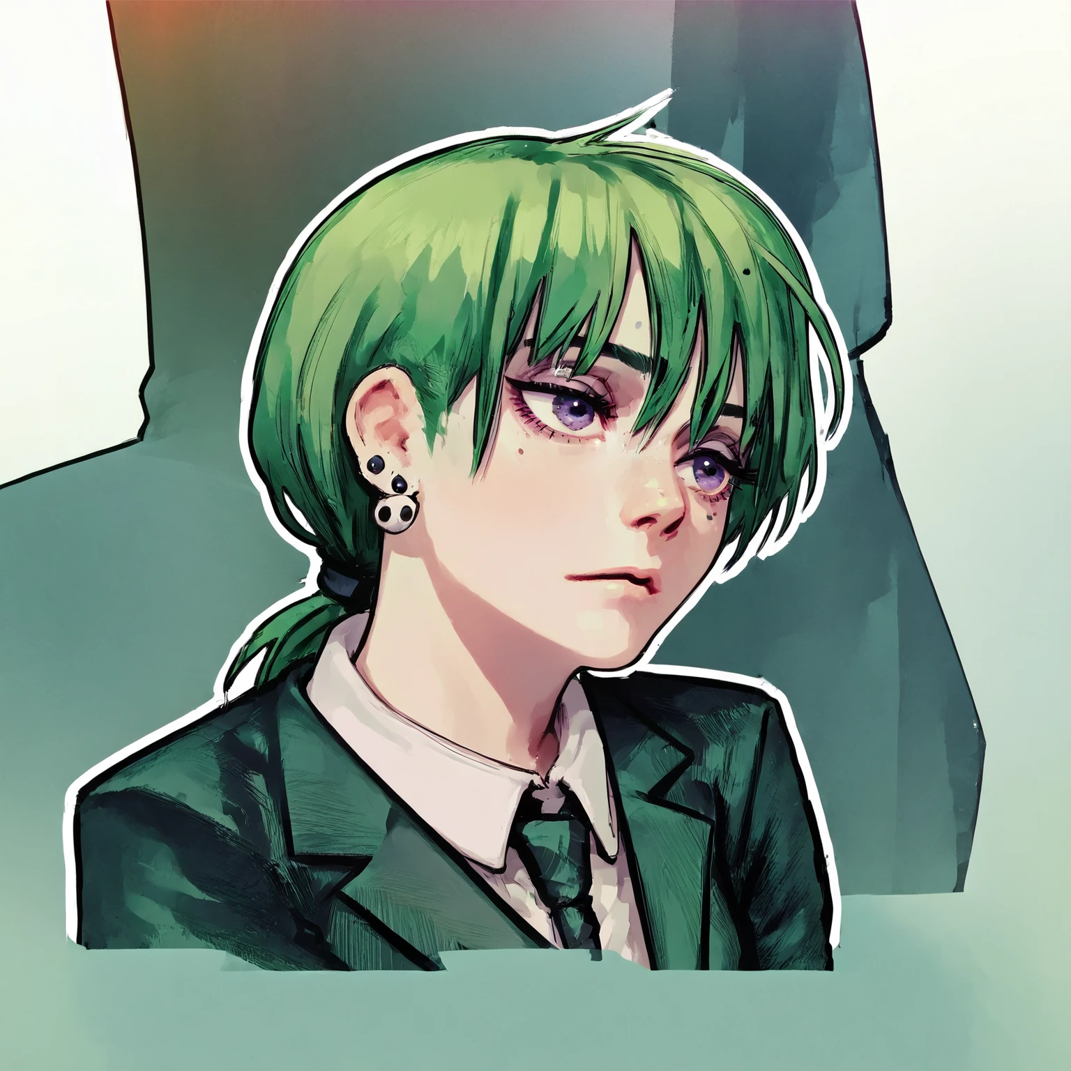 A  girl, messy bowl cut, low ponytail, green hair, suit, earrings, purple eyes, pretty