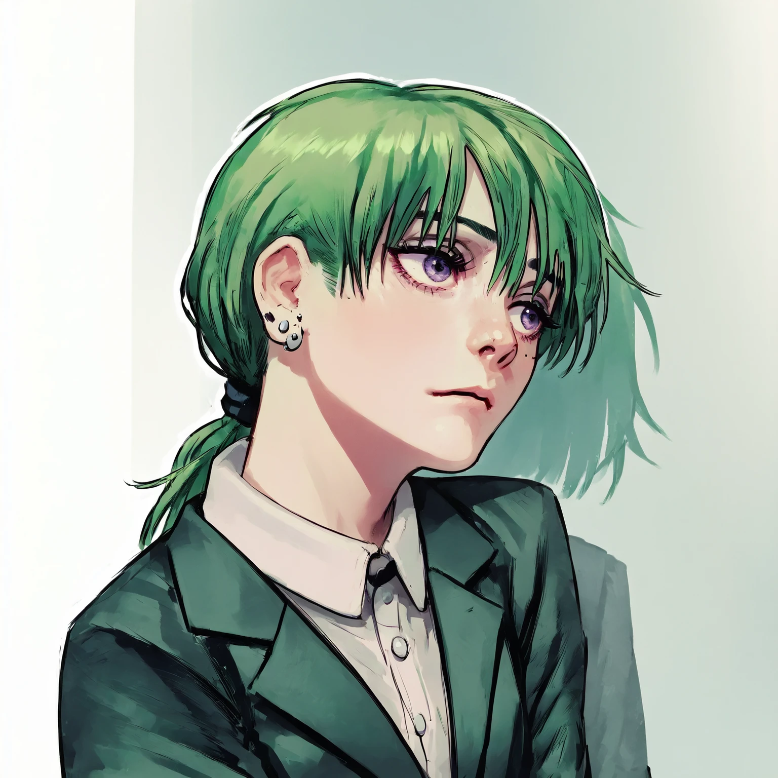 A girl, messy bowl cut, low ponytail, green hair, suit, earrings, purple eyes, pretty