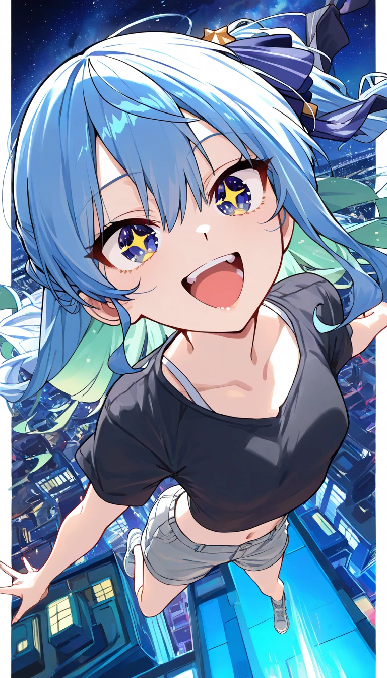 Unparalleled beauty, Shiny、Tightened、Glowing Skin, Bangs between the eyes, Shiny真っ直ぐな美しいプラチナブロンド, Super long straight silky hair, eyeliner, Sexy, beautiful and pure 14 year old, High resolution big beautiful bright blue eyes, beautiful and adorable girl, Baby Face, Short sleeve shirt