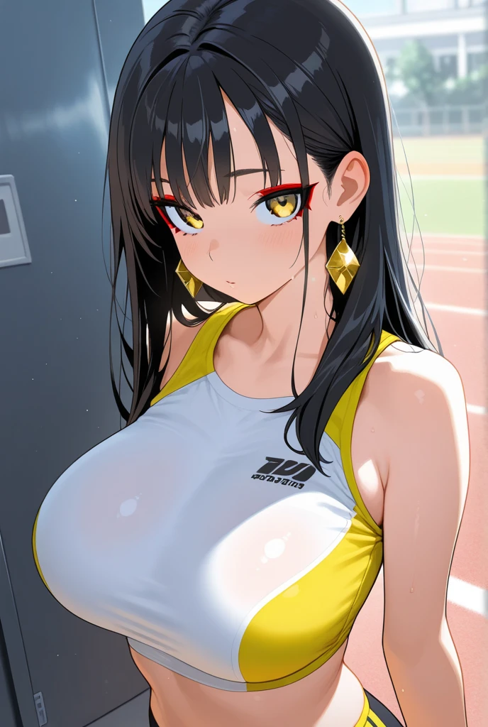 mastute piece,Best Quality,insanely detailed,8k cg,nsfw,
(shoot upper body:1.3),
(1girls:1.3),standing,looking at viewr,body in front,both arms behind back,(Yellow cheerleader uniform),bare breasts,bare puccy,
break,
blush,shy,(trembling:1.2),(Yellow ponytail hair),
break,
perfect breasts,perfect teats,(open mouth:0.9),(large breasts:1.2),
outdoor sport field,